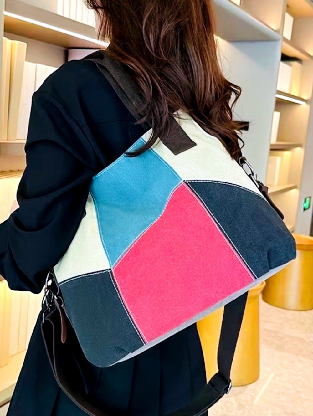 New -Beautiful Patchwork Design Faux Suede Shoulder Bag